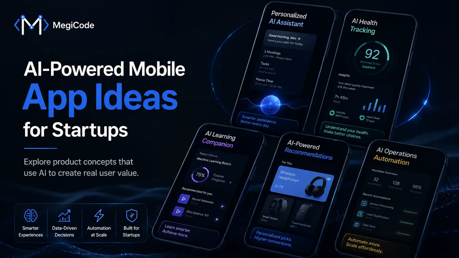Megicode blog illustration for AI-Powered Mobile App Ideas for Startups and Small Businesses