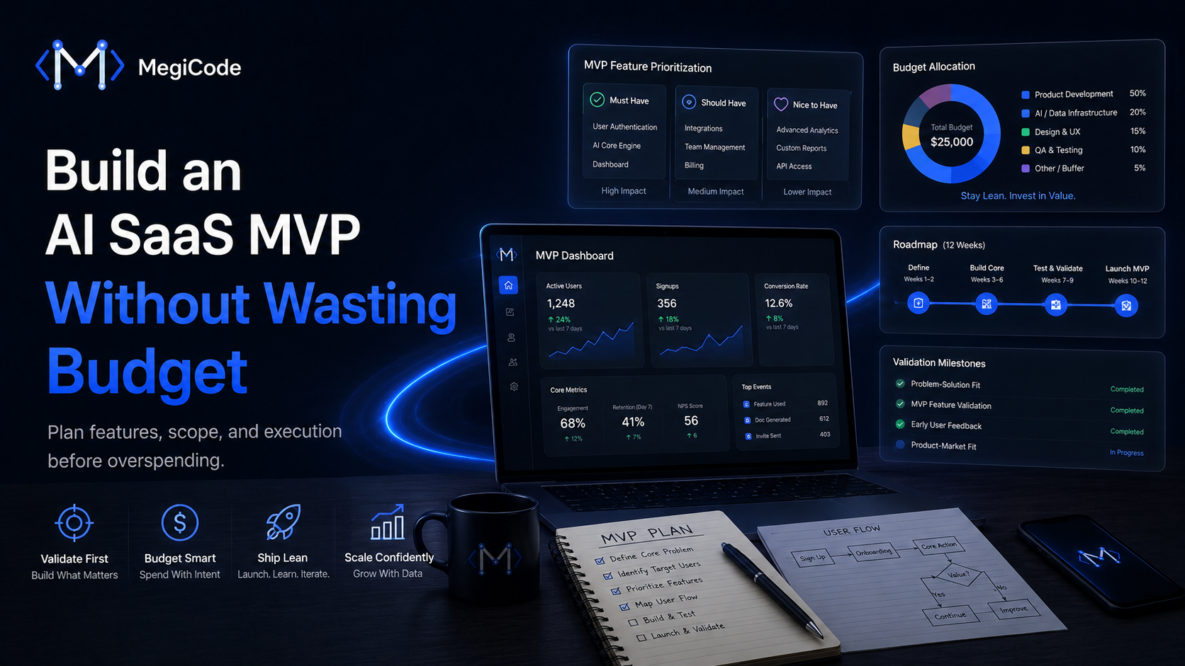 Megicode blog illustration for Build an AI-Powered SaaS MVP Without Wasting Budget