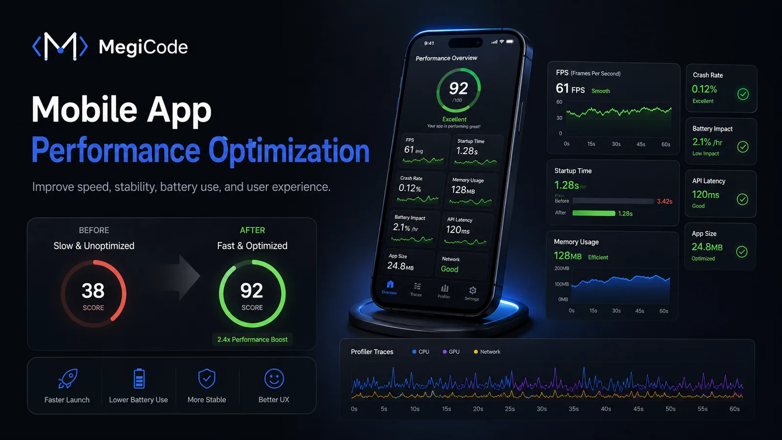 Megicode blog illustration for Mobile App Performance Optimization: What Users Notice First